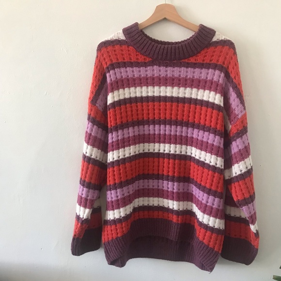 SO® Slouchy Crewneck Sweater- pink and red stripe. Size Large. - Picture 1 of 6